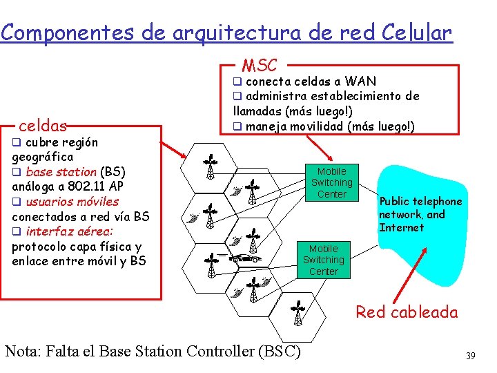 Componentes de arquitectura de red Celular MSC conecta celdas a WAN administra establecimiento de