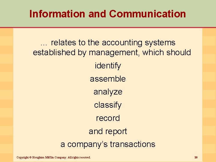 Information and Communication … relates to the accounting systems established by management, which should