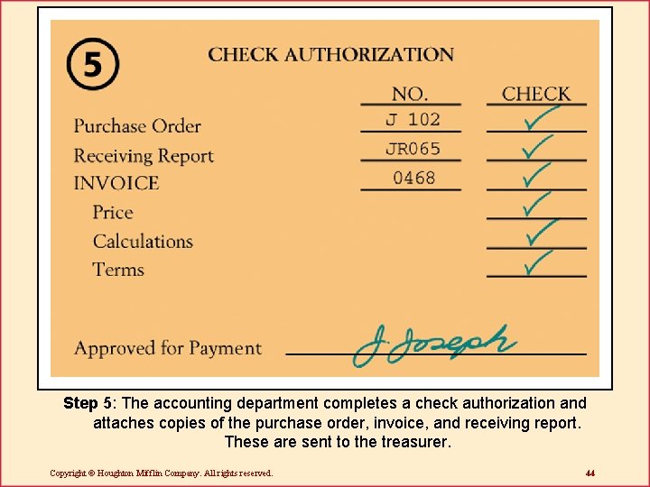 Step 5: The accounting department completes a check authorization and attaches copies of the