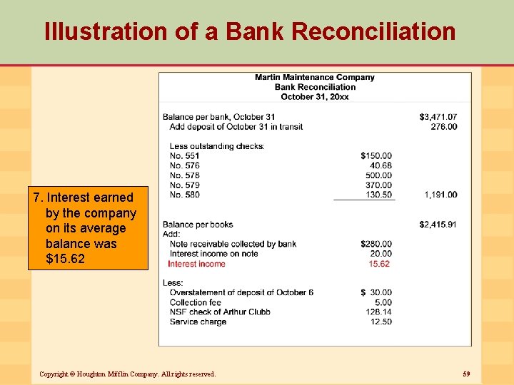 Illustration of a Bank Reconciliation 7. Interest earned by the company on its average