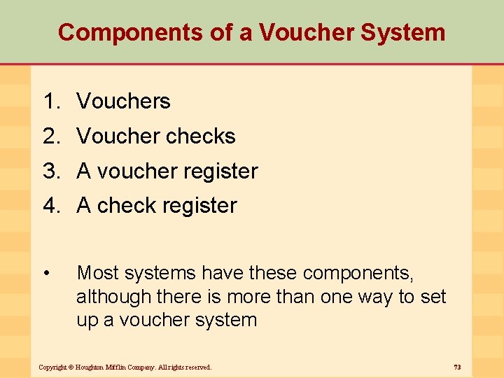 Components of a Voucher System 1. Vouchers 2. Voucher checks 3. A voucher register