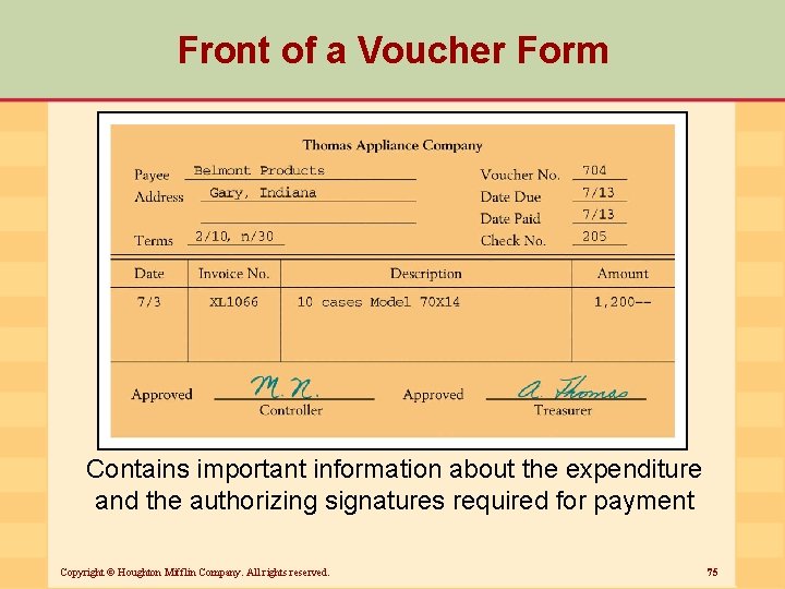 Front of a Voucher Form Contains important information about the expenditure and the authorizing