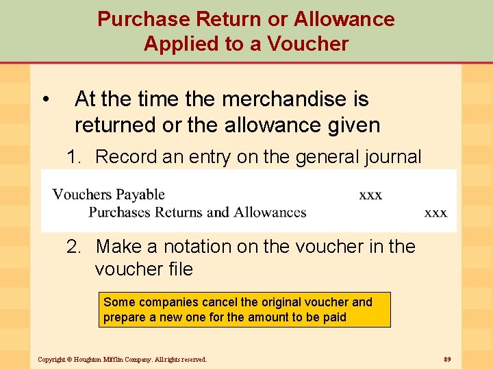 Purchase Return or Allowance Applied to a Voucher • At the time the merchandise