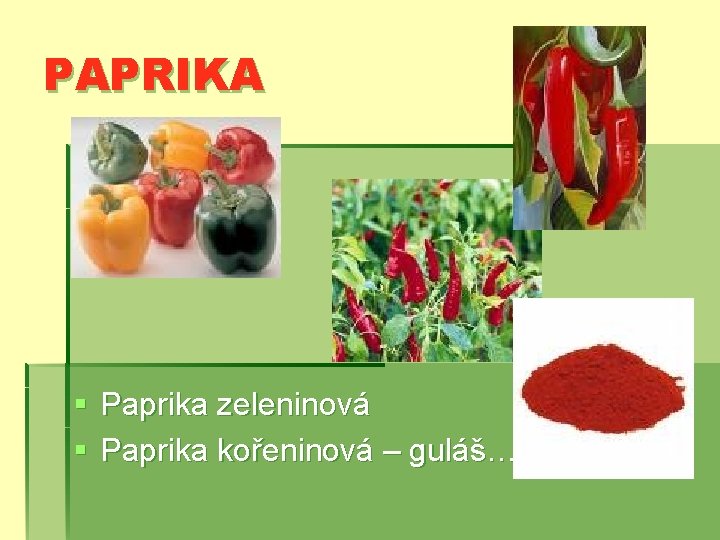 PAPRIKA § Paprika zeleninová § Paprika kořeninová – guláš… 