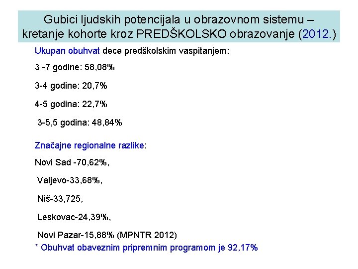 Gubici ljudskih potencijala u obrazovnom sistemu – kretanje kohorte kroz PREDŠKOLSKO obrazovanje (2012. )