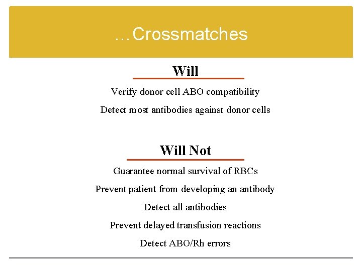 …Crossmatches Will Verify donor cell ABO compatibility Detect most antibodies against donor cells Will