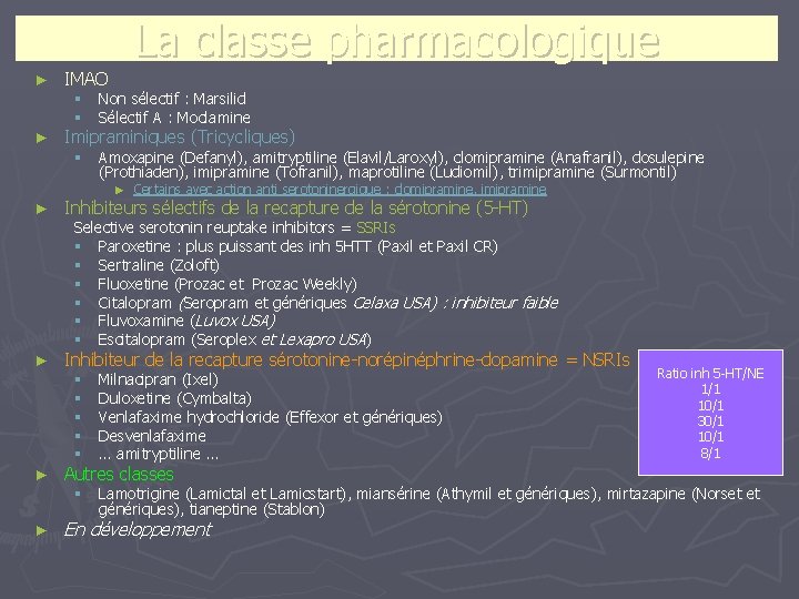 La classe pharmacologique ► ► IMAO § § Non sélectif : Marsilid Sélectif A