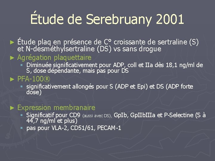 Étude de Serebruany 2001 Étude plaq en présence de C° croissante de sertraline (S)