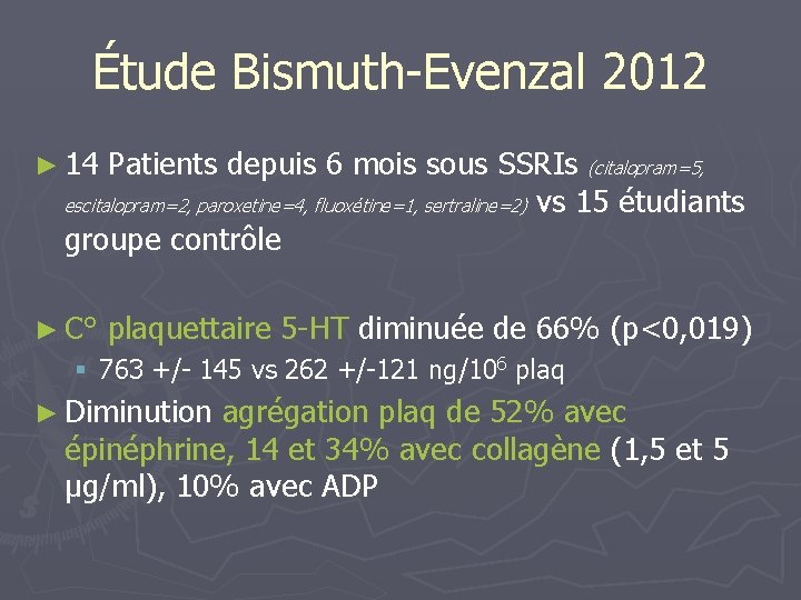 Étude Bismuth-Evenzal 2012 ► 14 Patients depuis 6 mois sous SSRIs (citalopram=5, vs 15