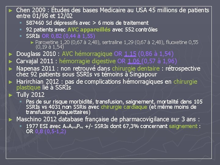 ► Chen 2009 : Études bases Medicaire au USA 45 millions de patients entre