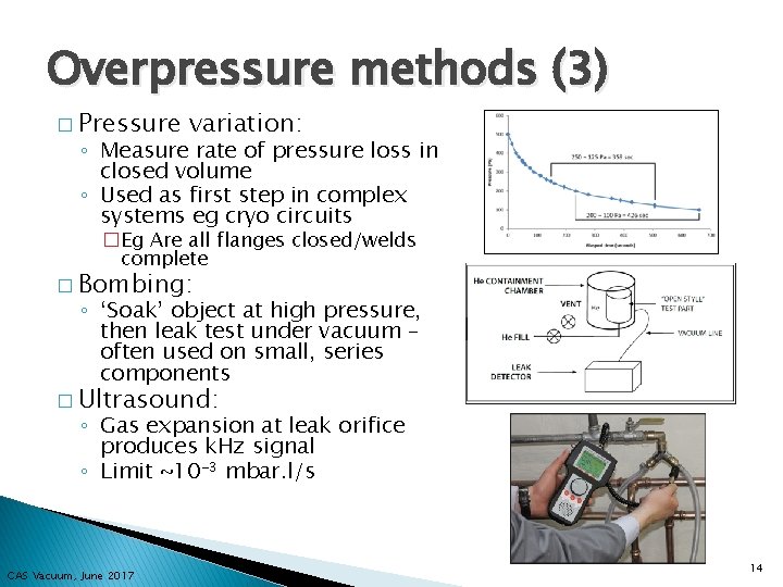 Overpressure methods (3) � Pressure variation: ◦ Measure rate of pressure loss in closed