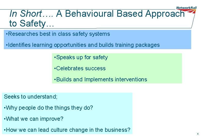 In Short…. A Behavioural Based Approach to Safety… • Researches best in class safety