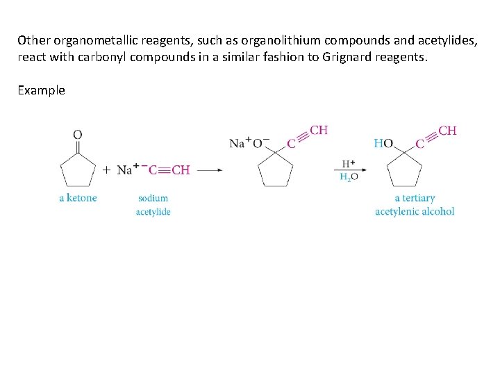 Other organometallic reagents, such as organolithium compounds and acetylides, react with carbonyl compounds in