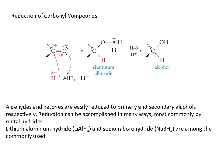 Reduction of Carbonyl Compounds Aldehydes and ketones are easily reduced to primary and secondary