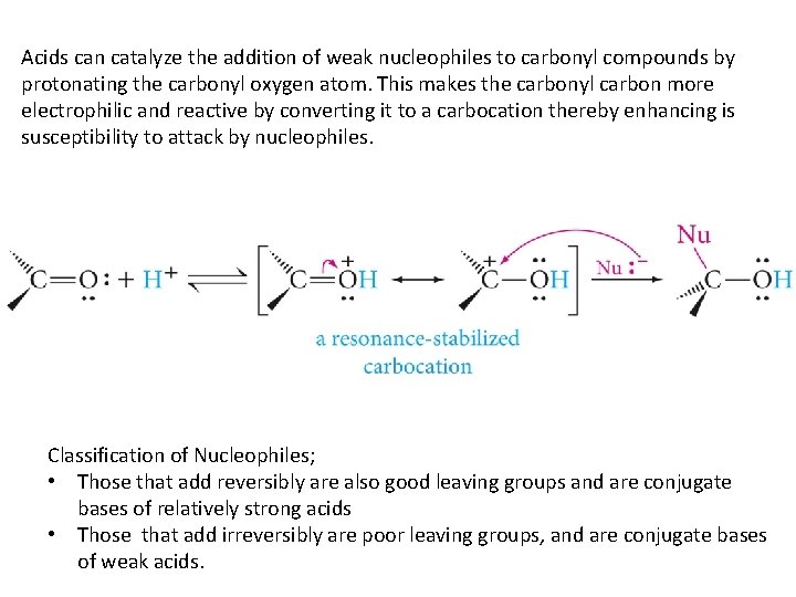 Acids can catalyze the addition of weak nucleophiles to carbonyl compounds by protonating the