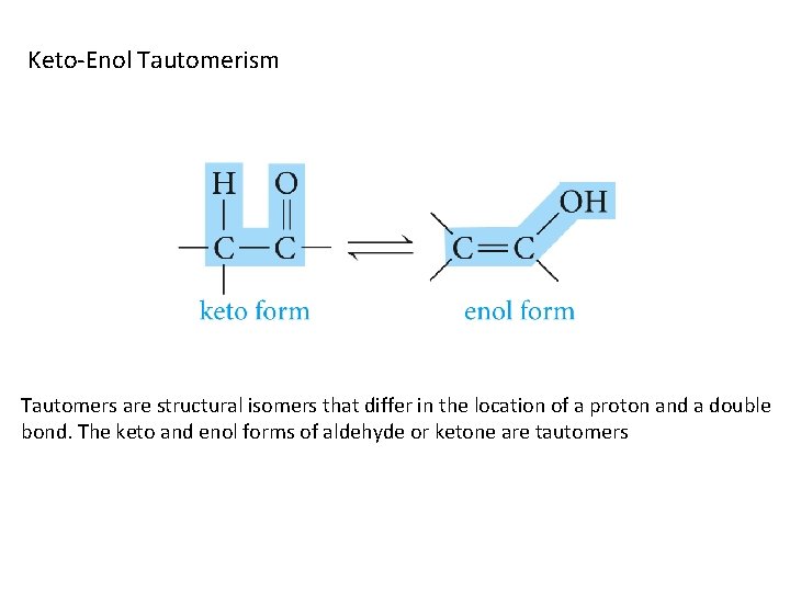 Keto-Enol Tautomerism Tautomers are structural isomers that differ in the location of a proton