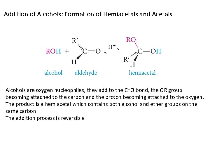 Addition of Alcohols: Formation of Hemiacetals and Acetals Alcohols are oxygen nucleophiles, they add