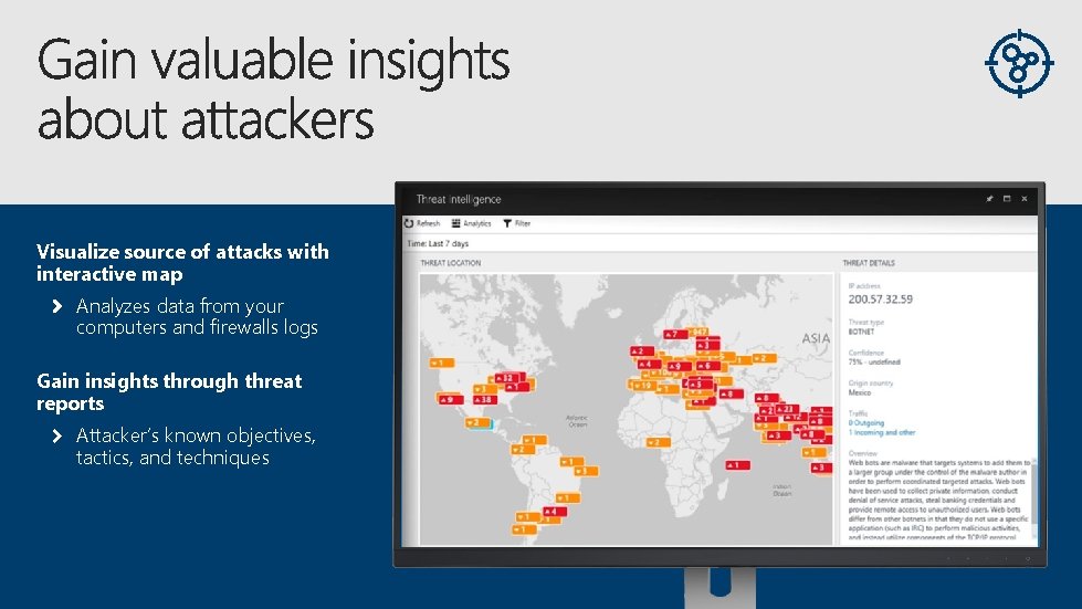Visualize source of attacks with interactive map Analyzes data from your computers and firewalls