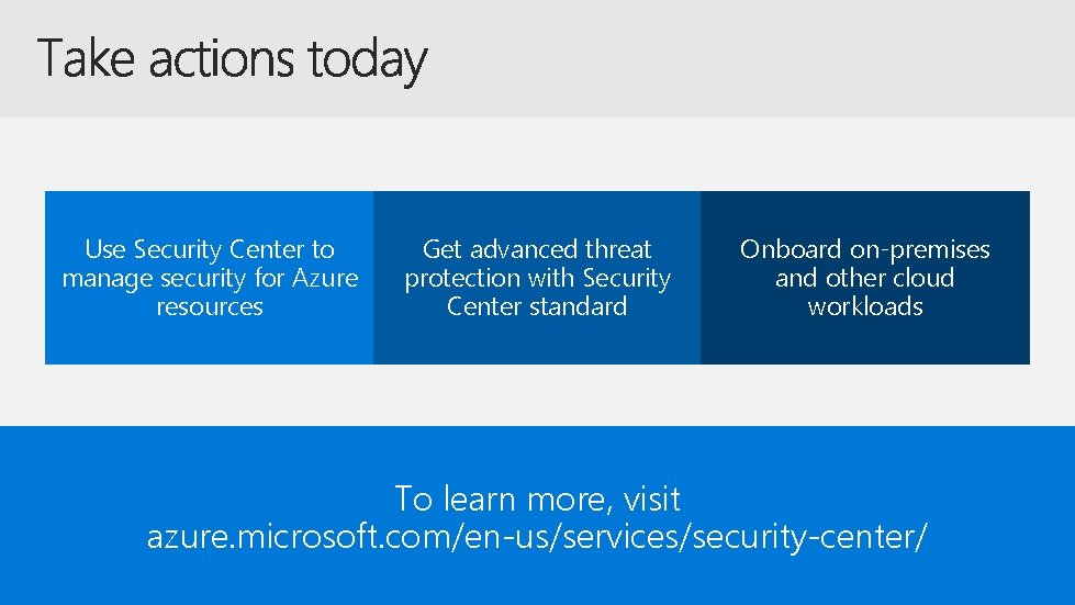 Use Security Center to manage security for Azure resources Get advanced threat protection with