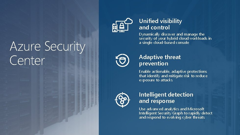 Unified visibility and control Azure Security Center Dynamically discover and manage the security of
