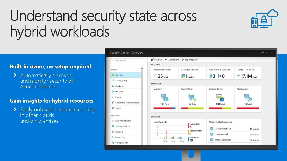 Built-in Azure, no setup required Automatically discover and monitor security of Azure resources Gain