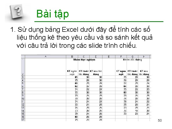 Bài tập 1. Sử dụng bảng Excel dưới đây để tính các số liệu