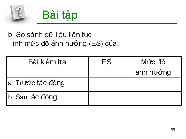 Bài tập b. So sánh dữ liệu liên tục Tính mức độ ảnh hưởng
