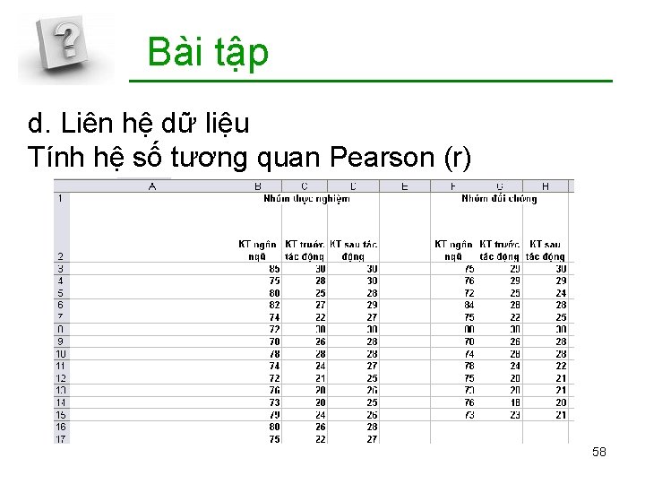 Bài tập d. Liên hệ dữ liệu Tính hệ số tương quan Pearson (r)