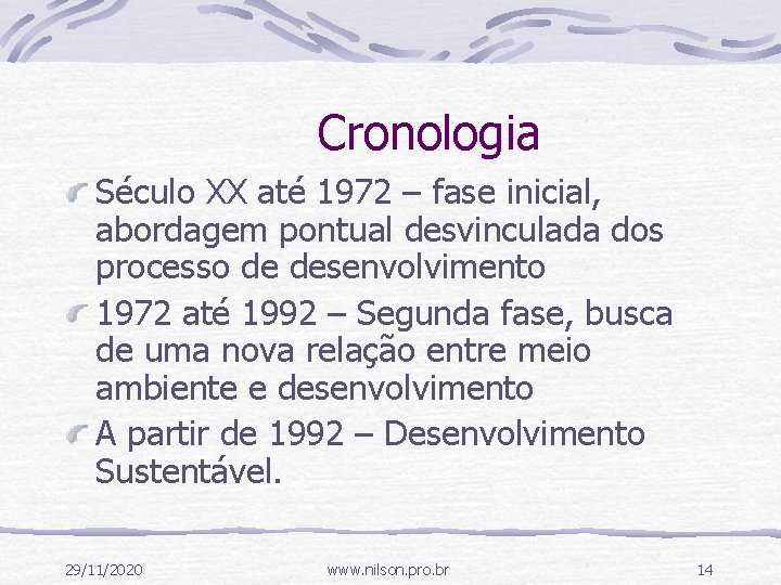 Cronologia Século XX até 1972 – fase inicial, abordagem pontual desvinculada dos processo de