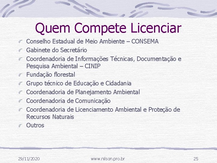 Quem Compete Licenciar Conselho Estadual de Meio Ambiente – CONSEMA Gabinete do Secretário Coordenadoria