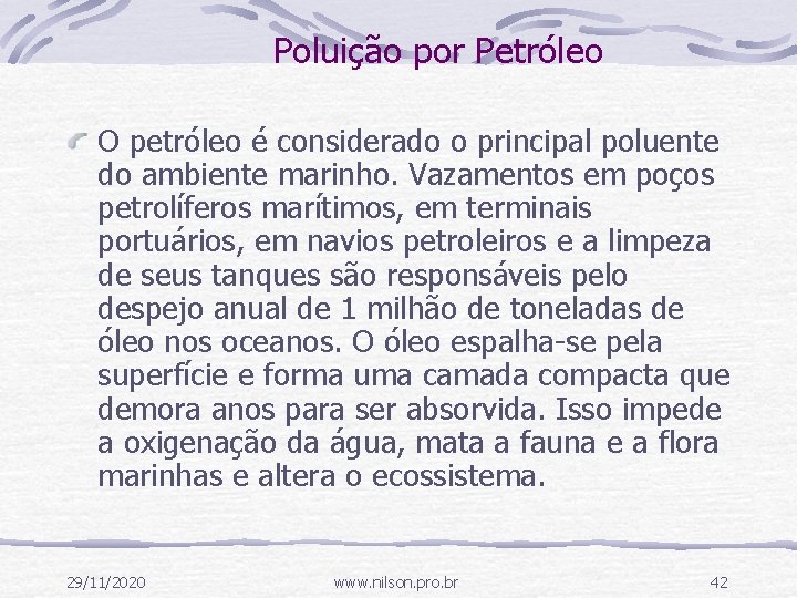 Poluição por Petróleo O petróleo é considerado o principal poluente do ambiente marinho. Vazamentos