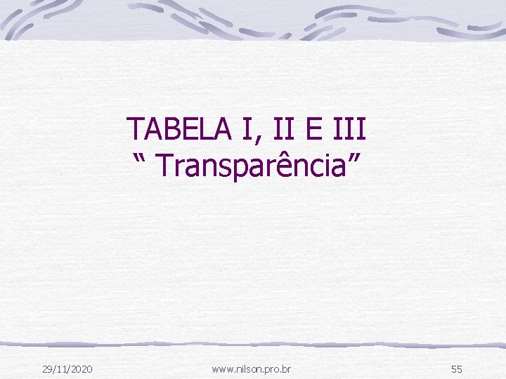 TABELA I, II E III “ Transparência” 29/11/2020 www. nilson. pro. br 55 