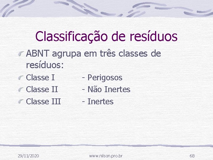 Classificação de resíduos ABNT agrupa em três classes de resíduos: Classe III 29/11/2020 -