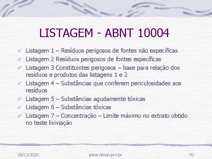 LISTAGEM - ABNT 10004 Listagem 1 – Resíduos perigosos de fontes não específicas Listagem