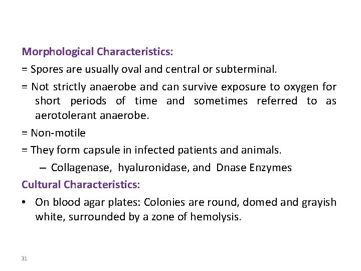 Morphological Characteristics: = Spores are usually oval and central or subterminal. = Not strictly