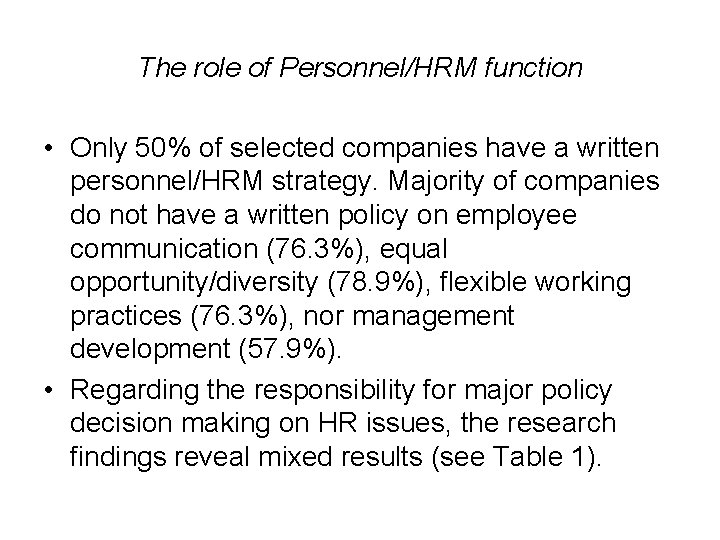 The role of Personnel/HRM function • Only 50% of selected companies have a written