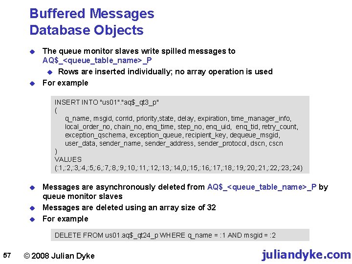 Buffered Messages Database Objects u u The queue monitor slaves write spilled messages to