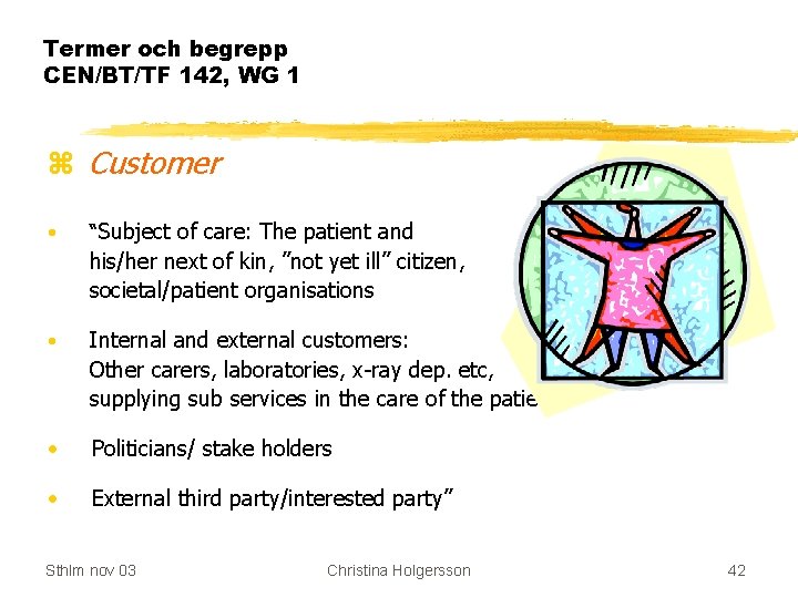 Termer och begrepp CEN/BT/TF 142, WG 1 z Customer • “Subject of care: The