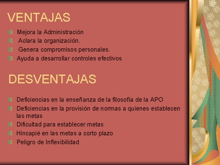 VENTAJAS Mejora la Administración Aclara la organización. Genera compromisos personales. Ayuda a desarrollar controles