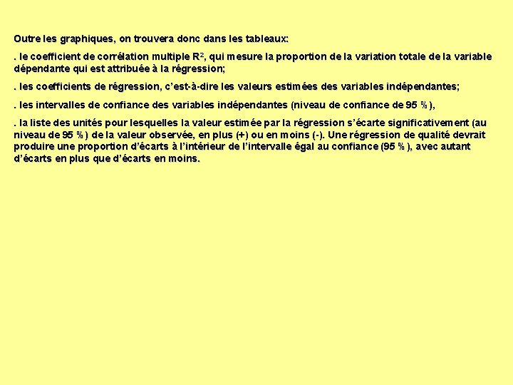 Outre les graphiques, on trouvera donc dans les tableaux: . le coefficient de corrélation