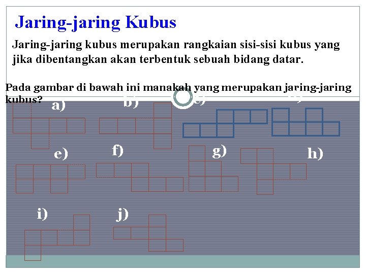 Jaring-jaring Kubus Jaring-jaring kubus merupakan rangkaian sisi-sisi kubus yang jika dibentangkan akan terbentuk sebuah