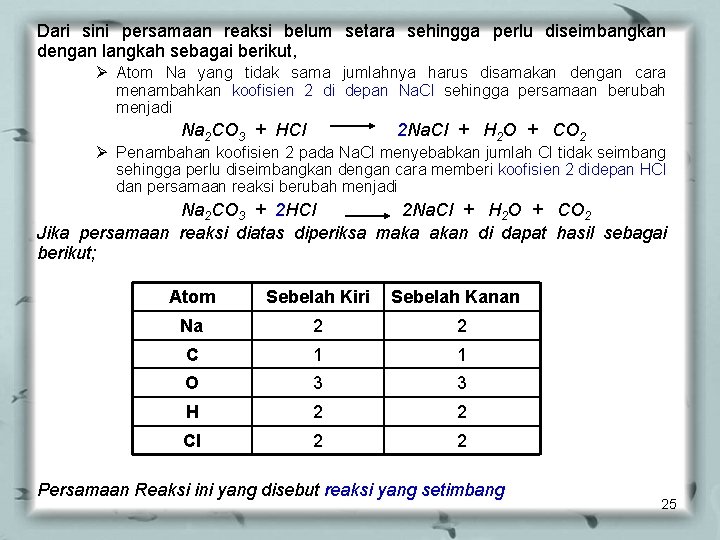 Dari sini persamaan reaksi belum setara sehingga perlu diseimbangkan dengan langkah sebagai berikut, Ø