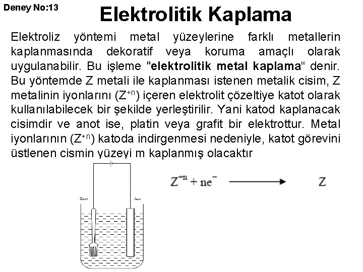 Deney No: 13 Elektrolitik Kaplama Elektroliz yöntemi metal yüzeylerine farklı metallerin kaplanmasında dekoratif veya