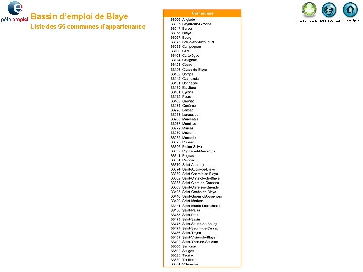 Bassin d’emploi de Blaye Liste des 55 communes d’appartenance Imprimer la page Retour Carte