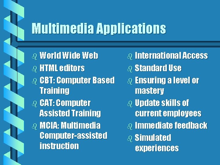 Multimedia Applications b World Wide Web b International Access b HTML editors b Standard