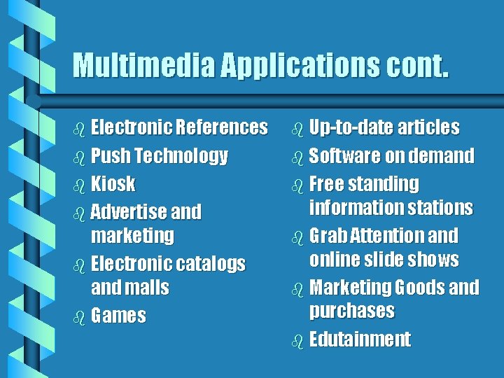 Multimedia Applications cont. b Electronic References b Up-to-date articles b Push Technology b Software