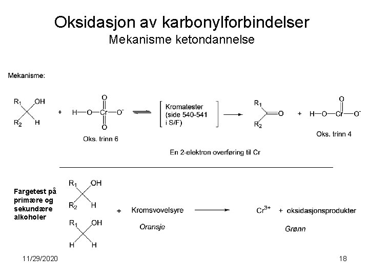 Oksidasjon av karbonylforbindelser Mekanisme ketondannelse Fargetest på primære og sekundære alkoholer 11/29/2020 18 