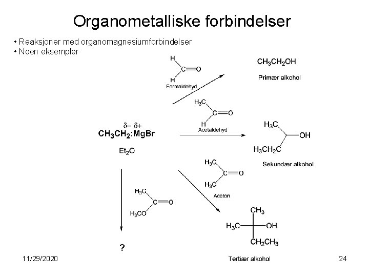 Organometalliske forbindelser • Reaksjoner med organomagnesiumforbindelser • Noen eksempler 11/29/2020 24 