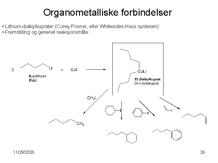 Organometalliske forbindelser • Lithium-dialkylkuprater (Corey-Posner, eller Whitesides-Hous syntesen): • Fremstilling og generell reaksjonsmåte: 11/29/2020