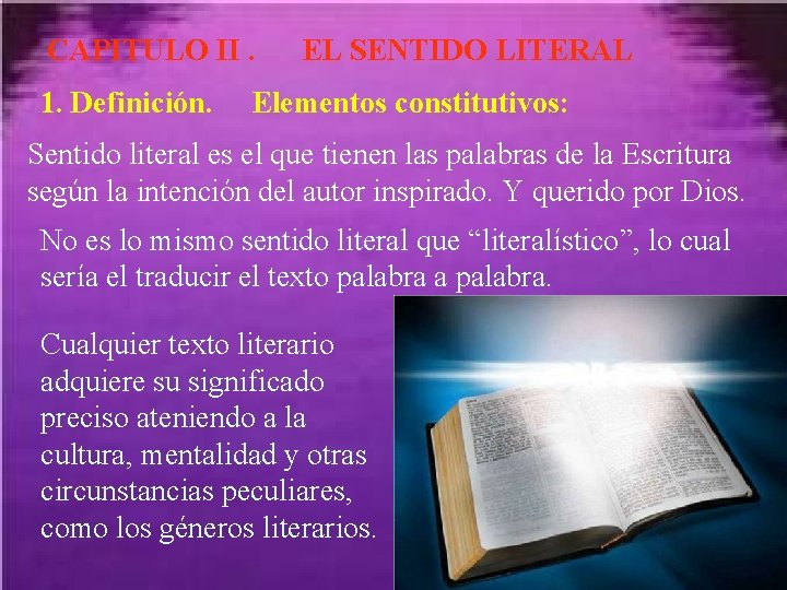 CAPITULO II. 1. Definición. EL SENTIDO LITERAL Elementos constitutivos: Sentido literal es el que